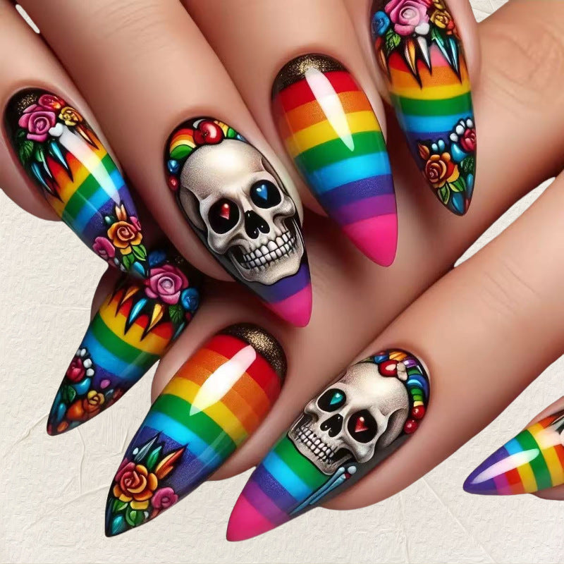 Creative artificial nails in skull and rainbow design Stornfield