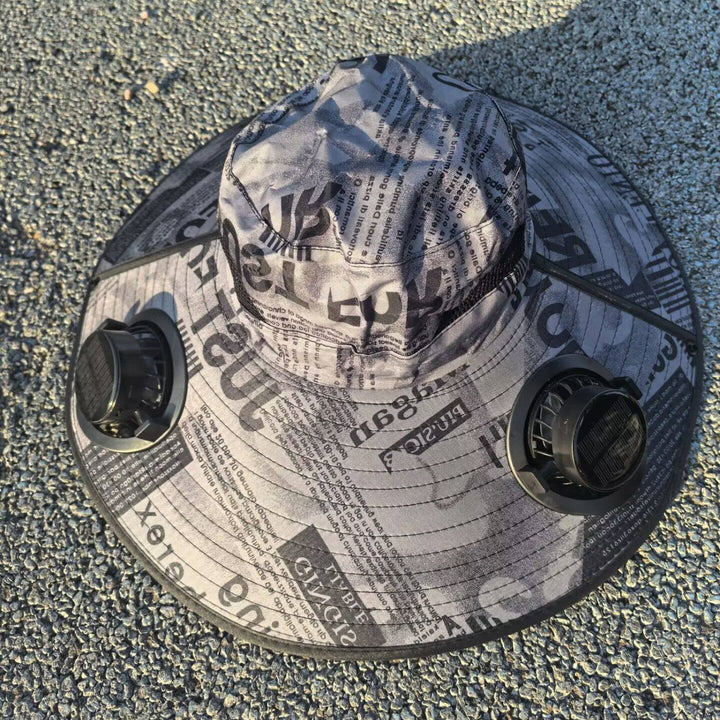 Ventilated sun hat with integrated solar fans and wide brim Stornfield