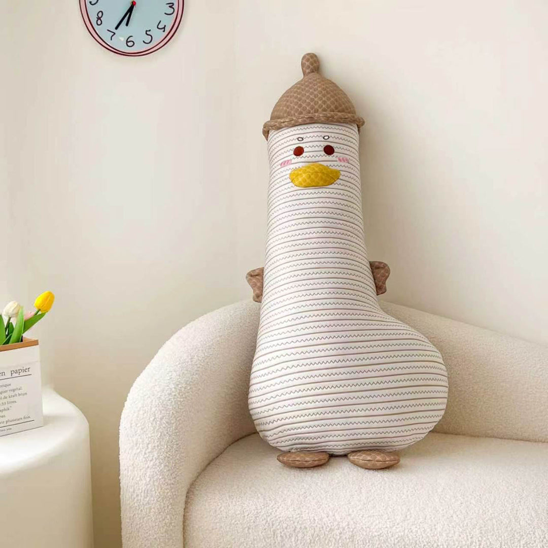 Large cuddly duck body pillow with hat and striped cotton cover