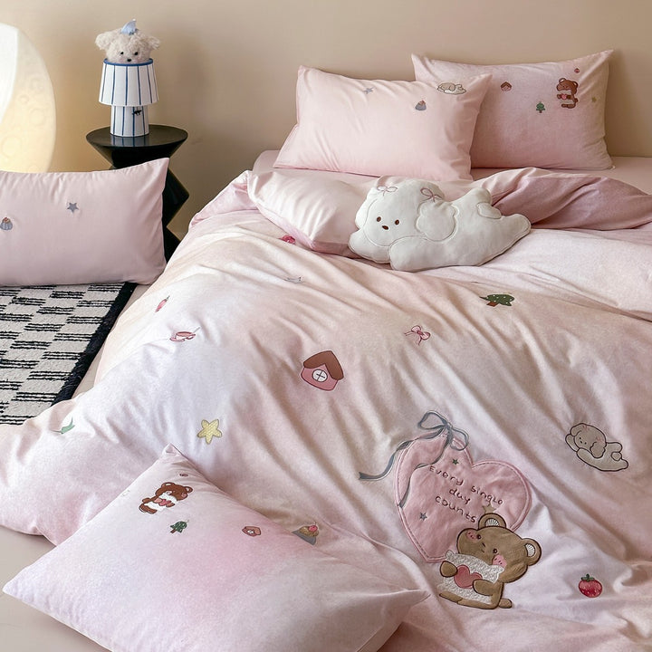 Children's Embroidered Animal Appliqué Duvet Cover Set with Plush Motif Pillow Shams
