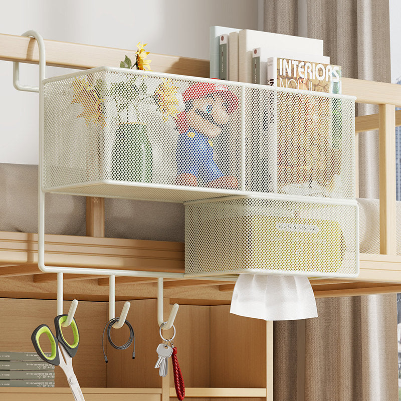 Loft Bed Under-Rail Metal Mesh Organizer with Tissue Box Drawer and Multi Hooks