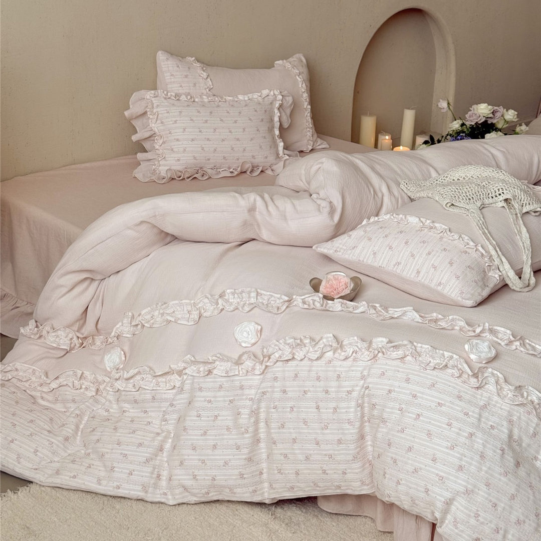 Ruffled Floral Cotton Muslin Duvet Cover Set with Decorative Pillow Shams
