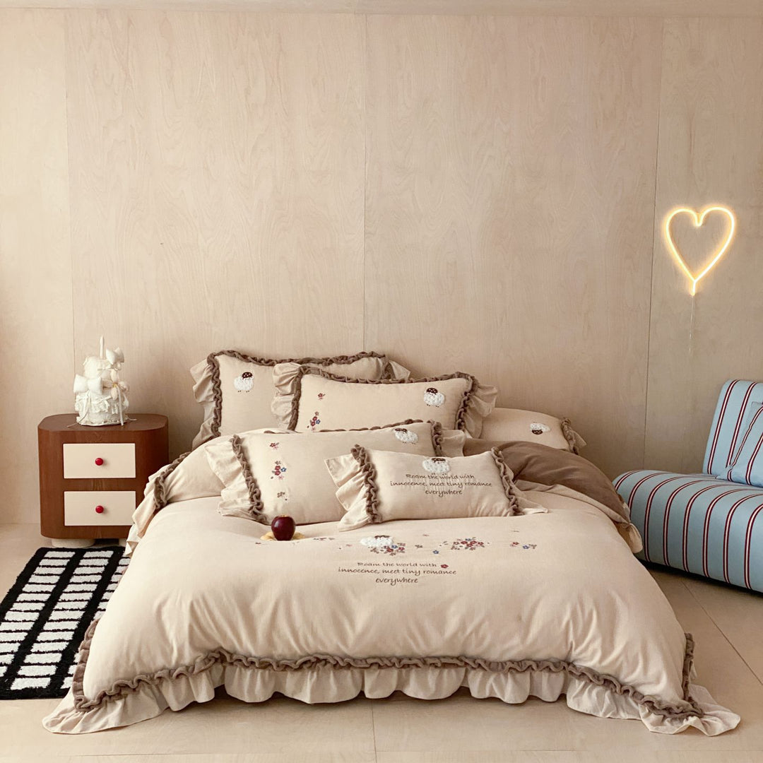 Ruffled Embroidered Cotton Duvet Ensemble with Frilled Edge and Decorative Shams