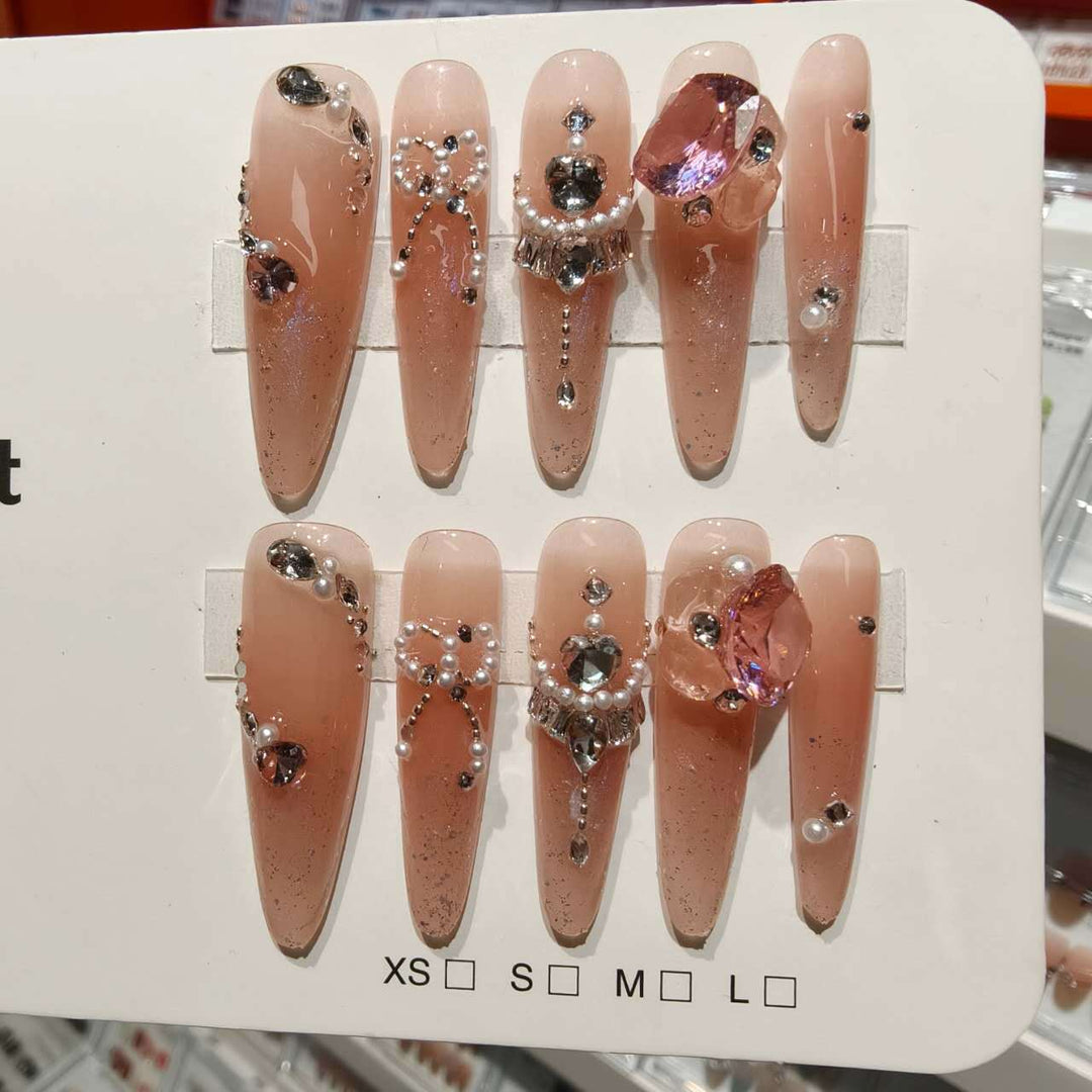 Decorative Stiletto Press-On Nail Set with Rhinestone and Pearl Accents
