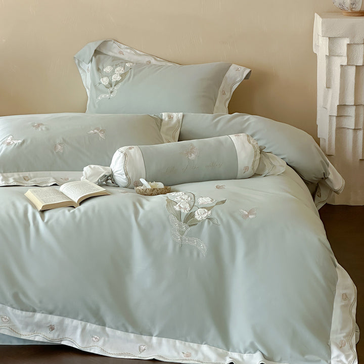 Embroidered Floral and Butterfly Cotton Sateen Duvet Cover Set with Scalloped Satin Border and Decorative Bolster