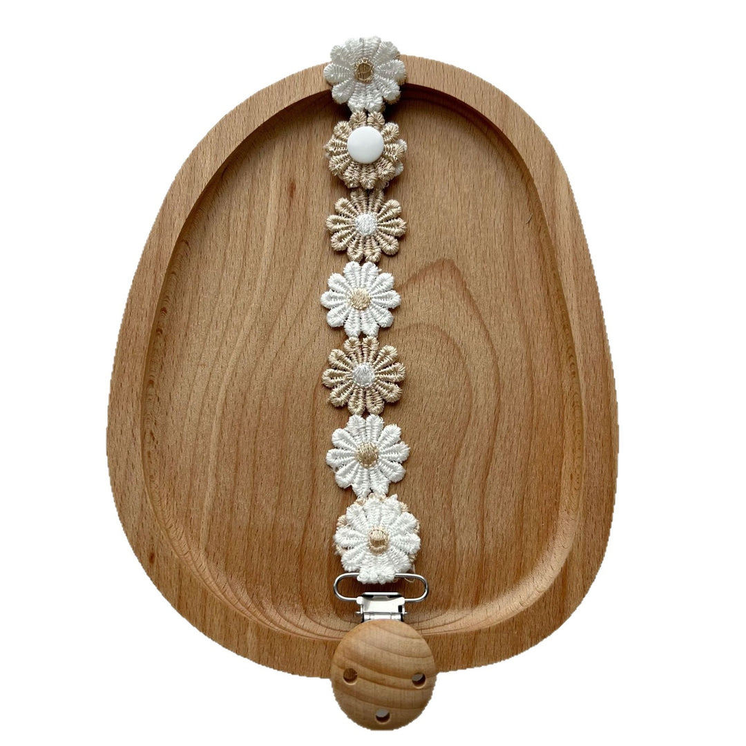 Handmade Crochet Daisy Pacifier Clip with Wooden Safety Clamp