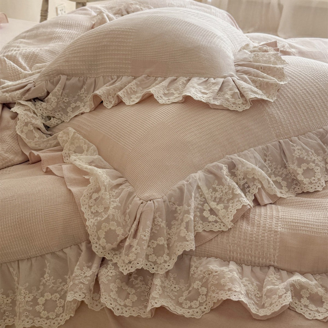 Romantic Lace-Trim Ruffled Cotton Duvet Cover Set with Patchwork Texture & Oxford Shams