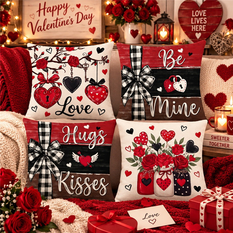 Decorative Cotton-Linen Valentine's Heart and Rose Print Square Throw Pillow Cover with Hidden Zipper