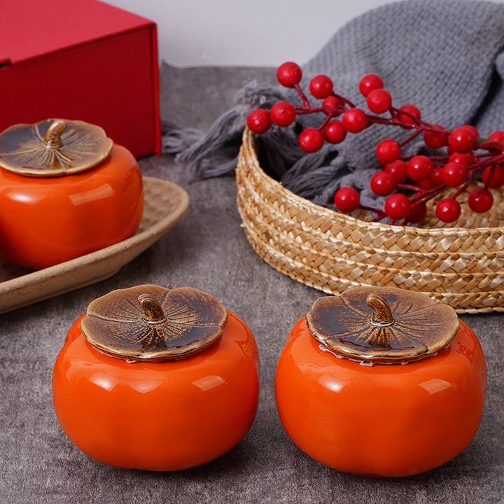 Ceramic Persimmon-Shaped Lidded Trinket Jar Set