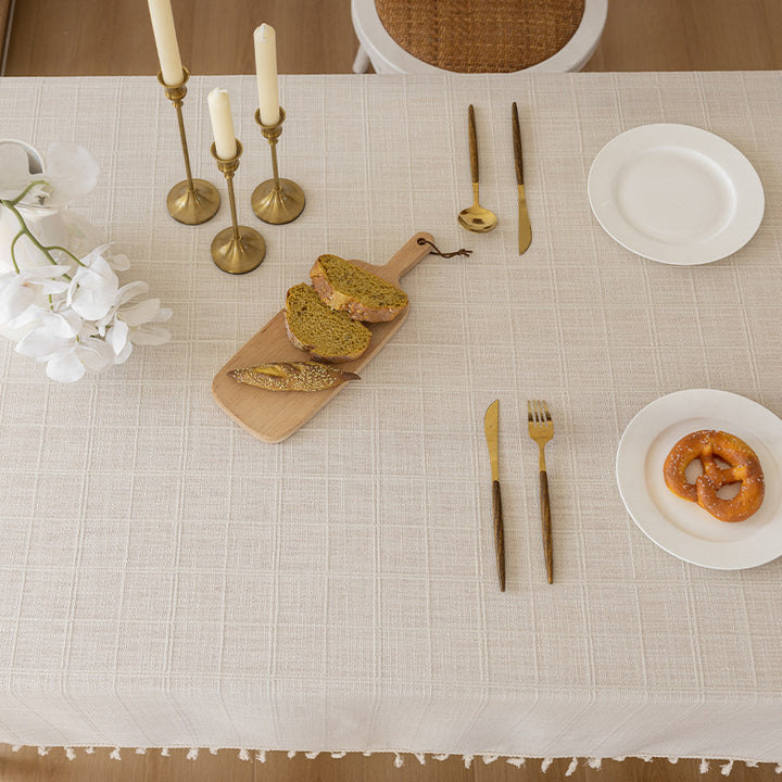 Rectangular Textured Cotton-Linen Tablecloth with Knotted Tassel Fringe and Matching Accent Pillow Covers