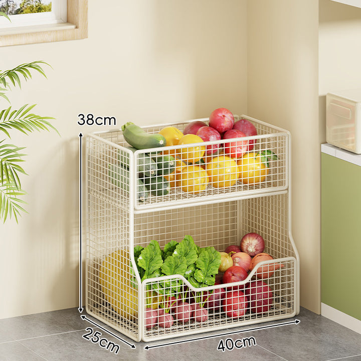 Double-Tier Metal Mesh Produce and Pantry Storage Rack with Sliding Front Baskets