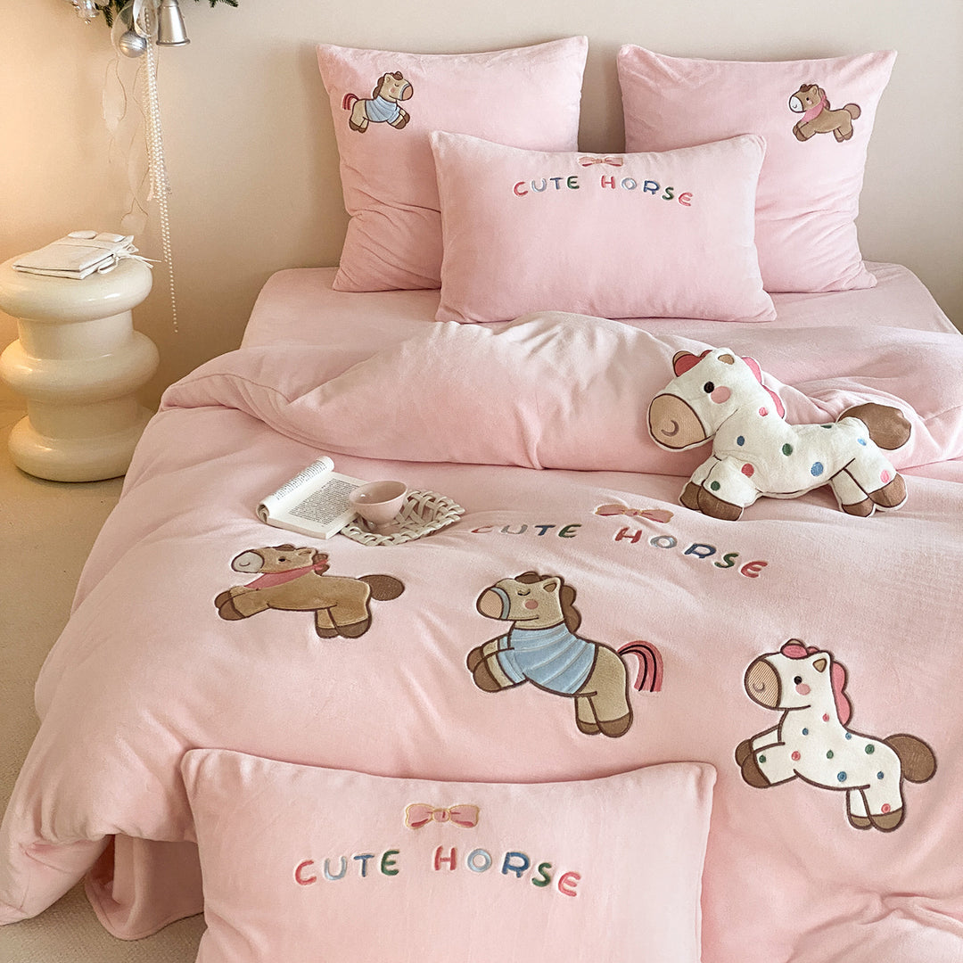 Children's Plush Horse Embroidered Duvet Cover Bedding Set
