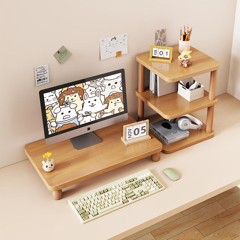 Solid Wood Monitor Riser with Tiered Desk Organizer and Cable Management