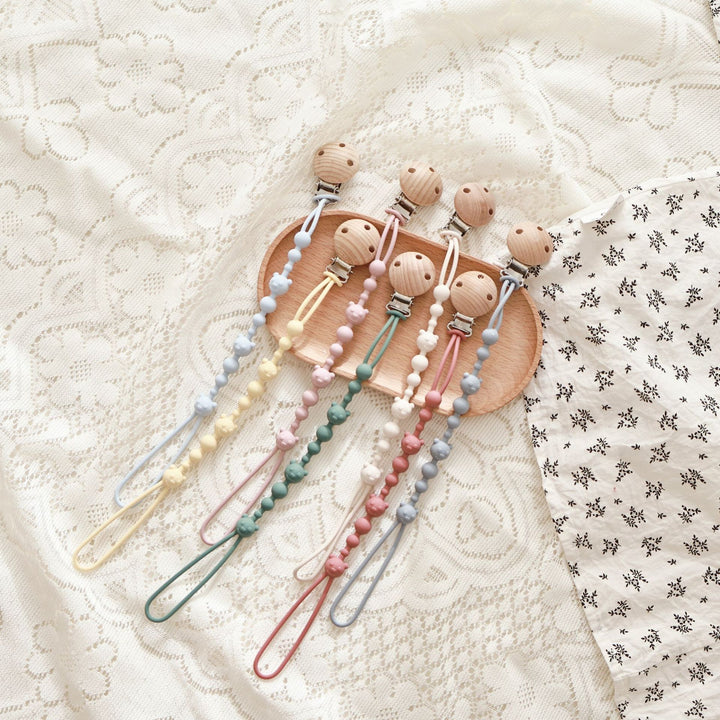 Silicone Beaded Pacifier and Teether Clip with Wooden Safety Clip