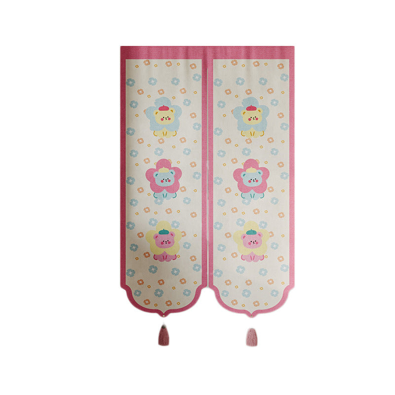 Kids Decorative Split Doorway Noren Curtain with Tassels and Cartoon Floral Lion Print