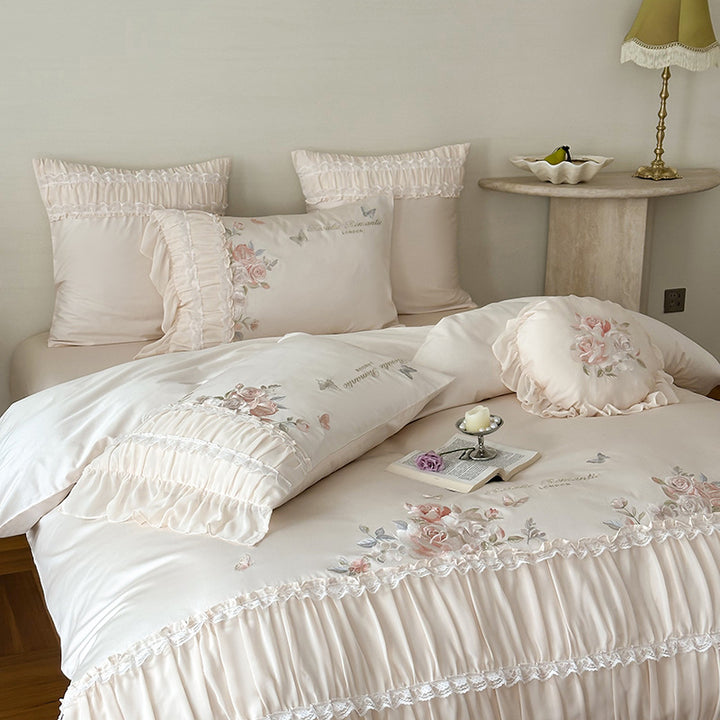 Luxury Embroidered Ruffled Satin Duvet Cover Set