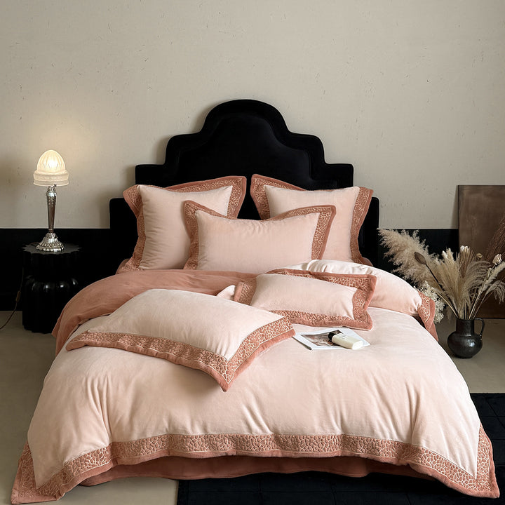 Luxury Velvet Embroidered Bedding Set with Duvet Cover and Decorative Shams