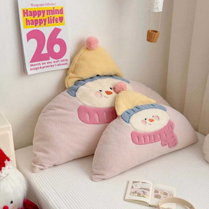 Plush Semi-Circle Decorative Throw Pillow with Snowman Appliqué and Pom-Pom Hat