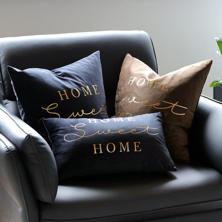 Plush Velvet Rectangular Lumbar Accent Pillow with Metallic Script Embroidery and Hidden Zip