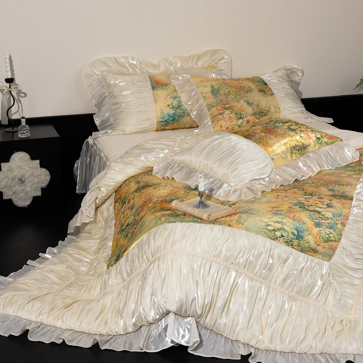 Satin-Trim Ruffled Floral Duvet Cover Set with Decorative Pillow Shams
