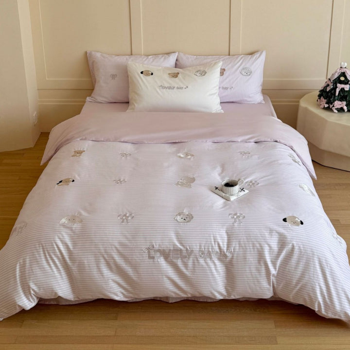 Romantic cotton satin bedding set with cute puppy embroidery and extra soft finish