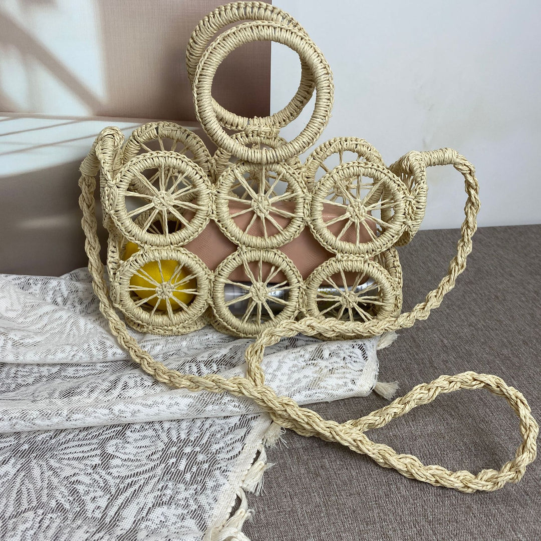 Artisan woven basket bag with striking wheel pattern Stornfield