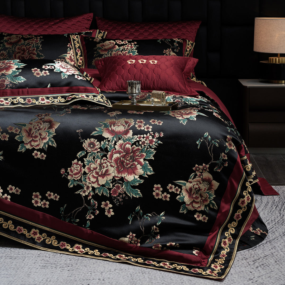 Luxury Satin Floral Jacquard Duvet Cover Set with Quilted Accent Pillow