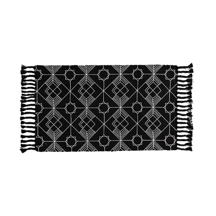 Flat-woven entrance runner made of cotton blend with geometric tile pattern and fringes Stornfield