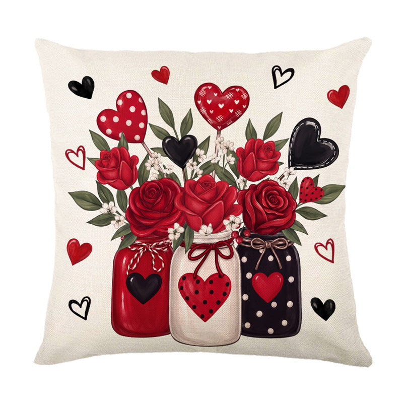 Decorative Cotton-Linen Valentine's Heart and Rose Print Square Throw Pillow Cover with Hidden Zipper