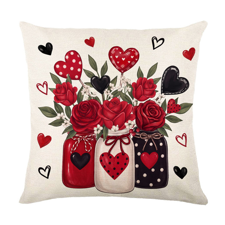 Decorative Cotton-Linen Valentine's Heart and Rose Print Square Throw Pillow Cover with Hidden Zipper
