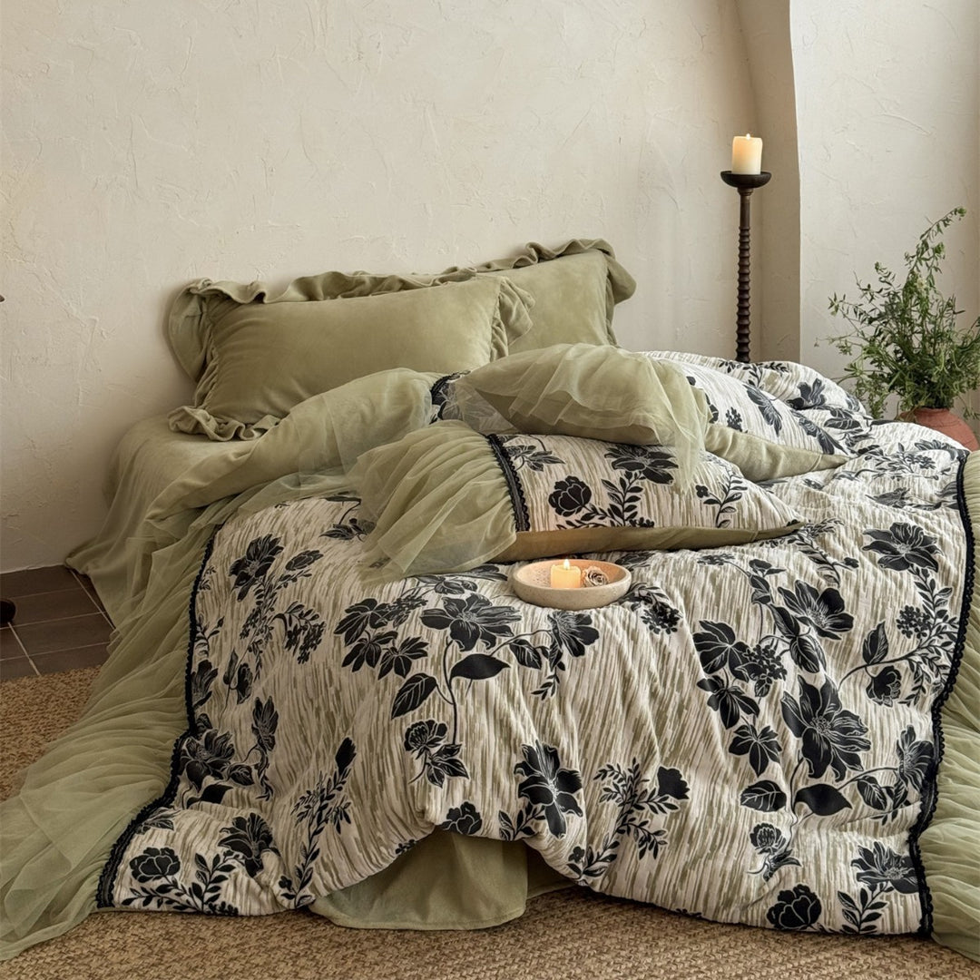 Floral Tulle-Ruffled Duvet Cover Set with Decorative Pillow Shams