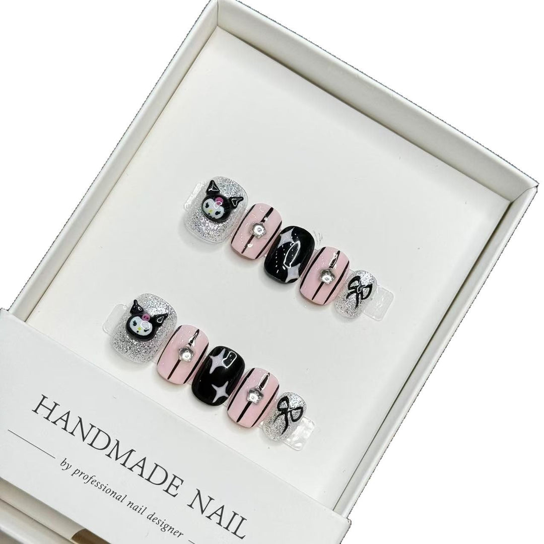 Whimsical Press-On Nail Art Set with Cat and Bow Accents