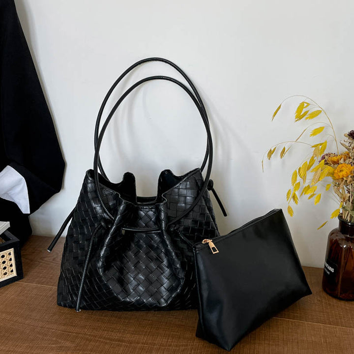 Woven Leather Bucket Bag with Pouch