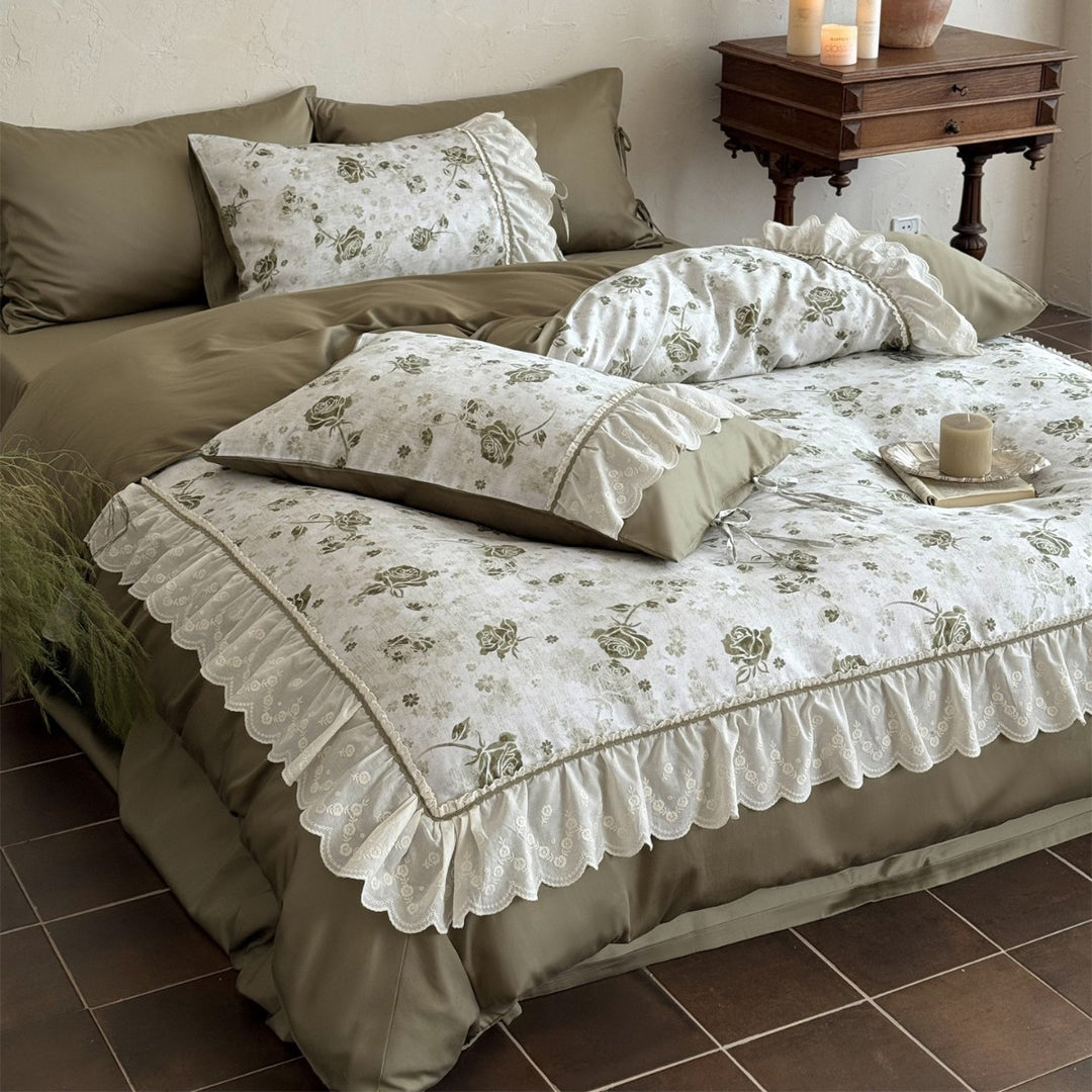 Vintage Floral Ruffled Lace Duvet Cover Set