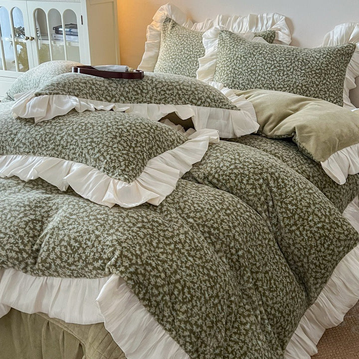 Floral Brushed Cotton Duvet Cover Set with Ruffled Satin Trim