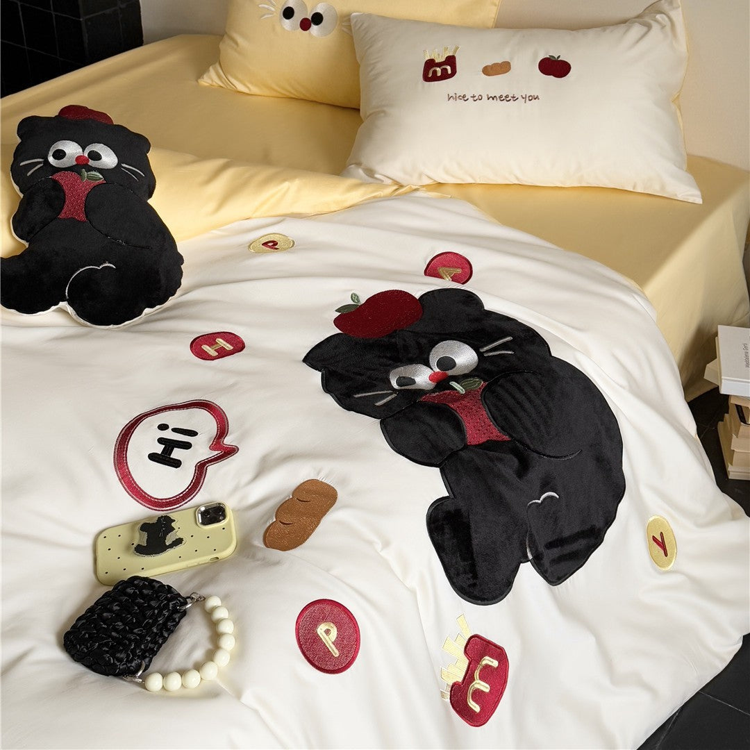Cartoon Appliqué Plush Cat Duvet Cover Set with Micro‑Sateen Reversible Back & Pillow Shams