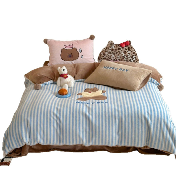 Striped Plush Reversible Comforter Set with Embroidered Mug and Pom-Pom Accents