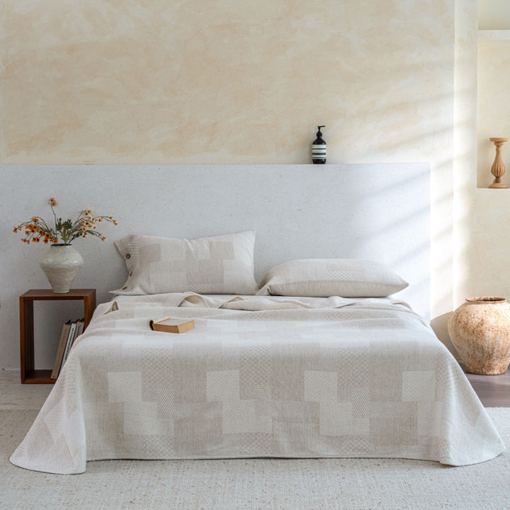 Reversible Textured Jacquard Cotton Coverlet with Button-Closure Pillowcase Set
