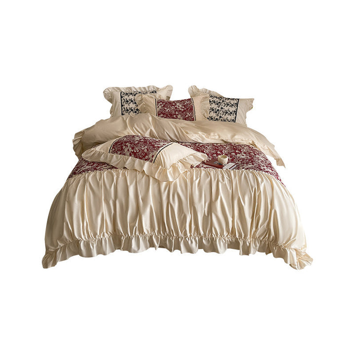 Ruffled Satin Bedspread Set with Floral Jacquard Panels and Gathered Bed Skirt