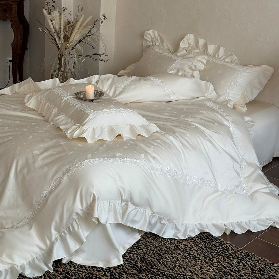 Ruffled Satin-Feel Duvet Cover Set with Delicate Rose Lace Border and Frilled Pillow Shams