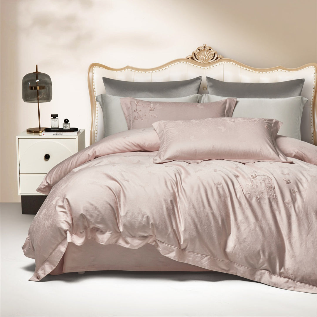 Satin-Jacquard Duvet Cover Set with Subtle Butterfly Jacquard and Pillow Shams