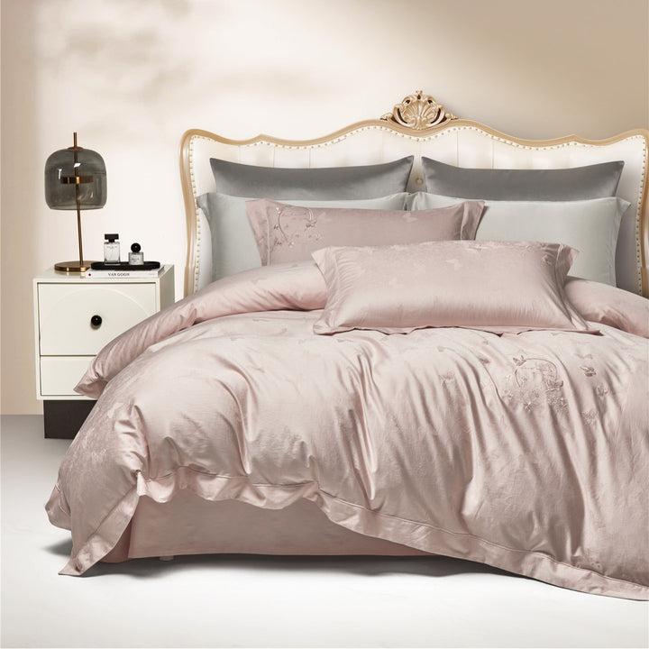 Satin-Jacquard Duvet Cover Set with Subtle Butterfly Jacquard and Pillow Shams