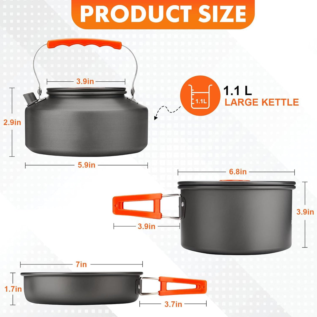lightweight nonstick anodized aluminum camping cookware set with folding-handle pot and kettle, collapsible silicone cups, stainless plates and cutlery Stornfield