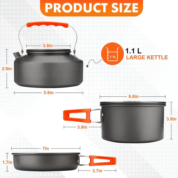 lightweight nonstick anodized aluminum camping cookware set with folding-handle pot and kettle, collapsible silicone cups, stainless plates and cutlery Stornfield