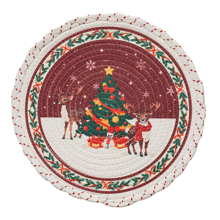 Round Christmas tree skirt made of woven cotton blend fabric with reindeer and pine branch motif