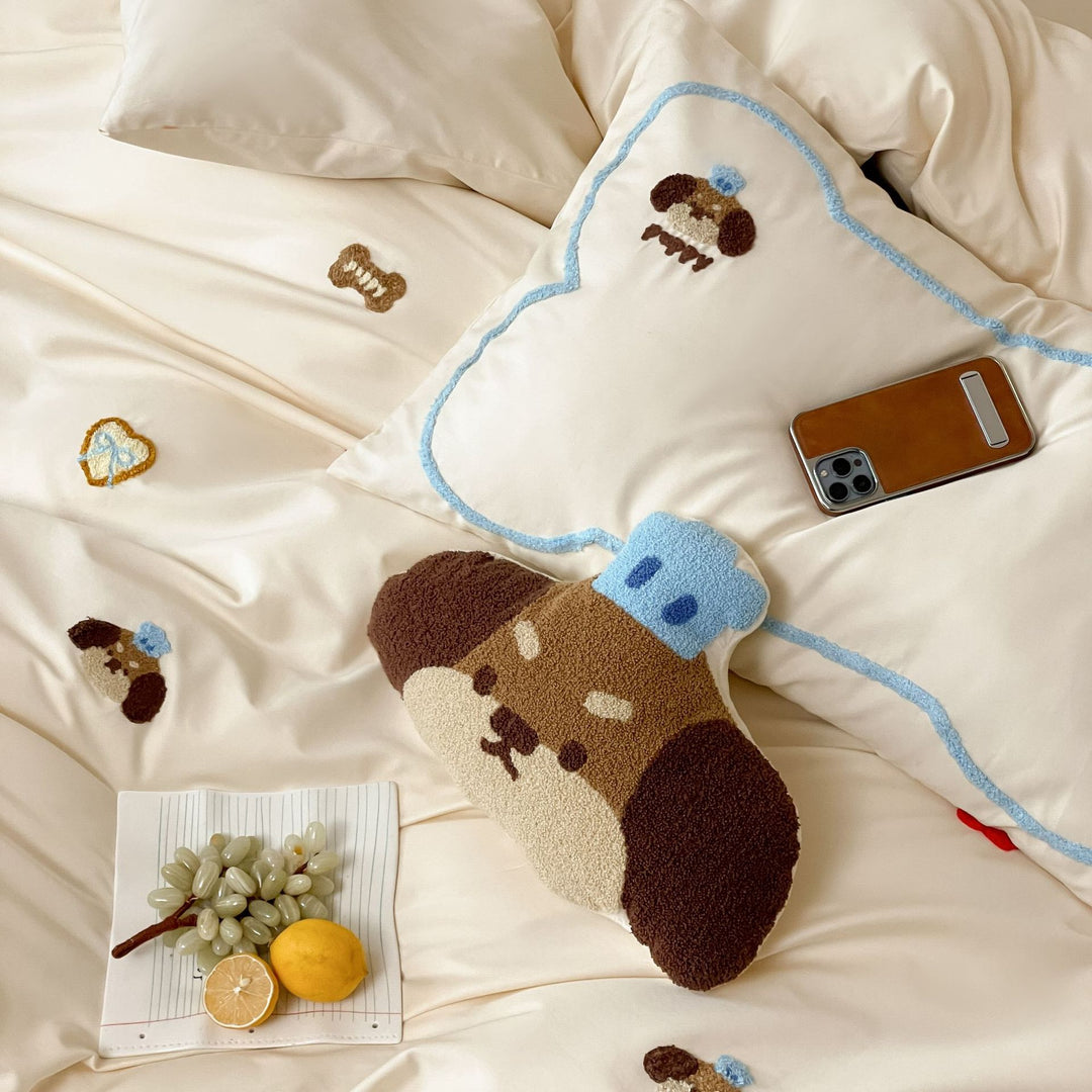 Embroidered Teddy Appliqué Cotton Duvet Bedding Set with Blue Piped Trim