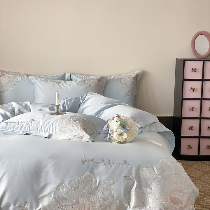 Satin-Feel Embroidered Floral Duvet Cover Set with Pillow Shams