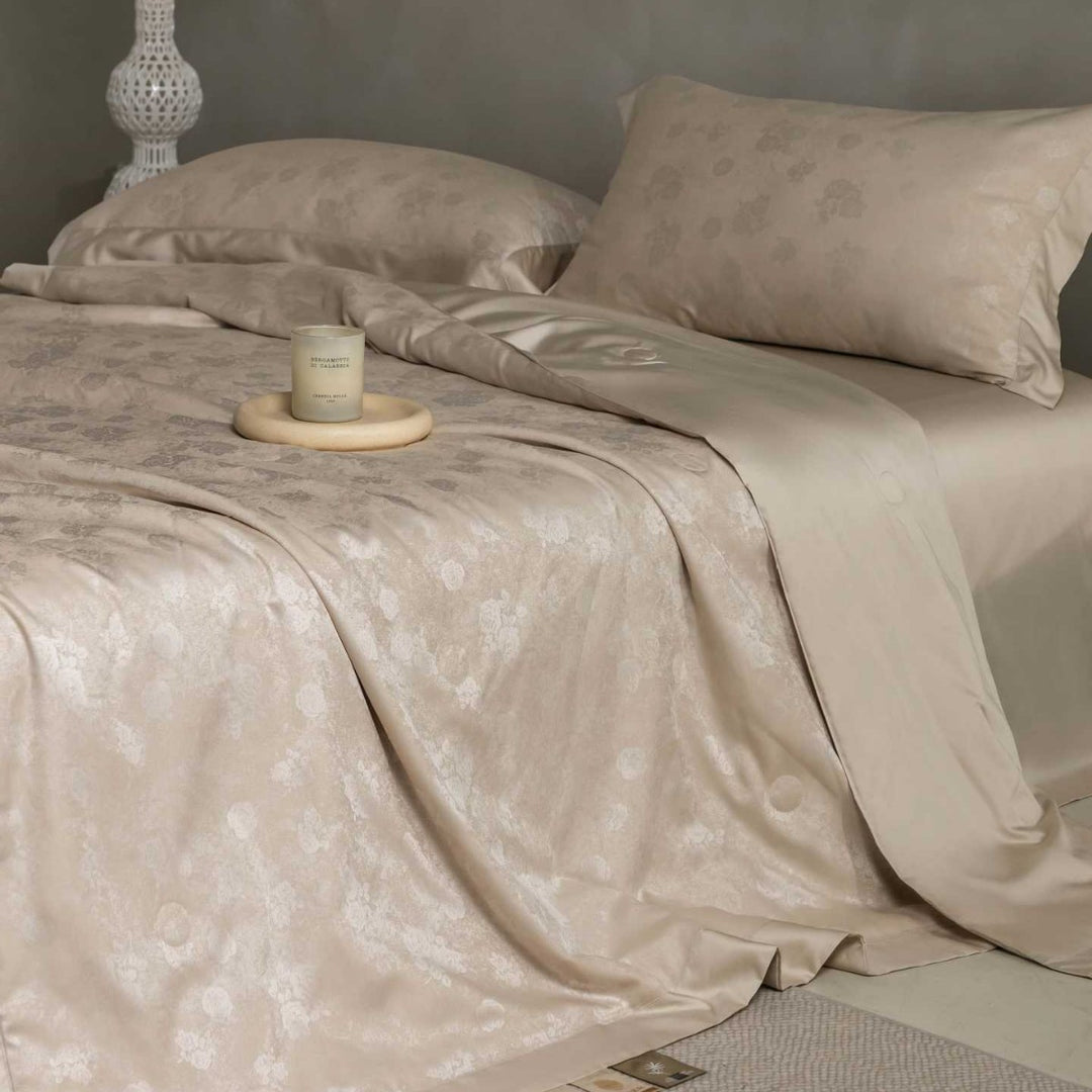 Premium cotton satin bedding set with fine toile pattern and hem decoration