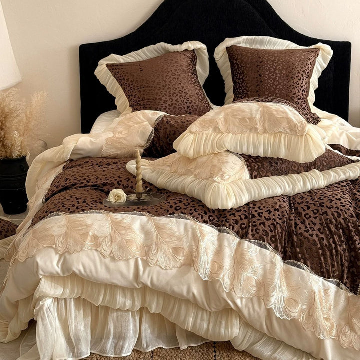 Ruffled Embroidered Leopard Jacquard Duvet Cover Bedding Set with Pleated Skirt