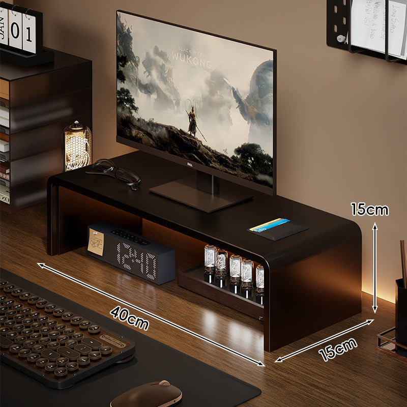 Low-Profile Curved Desktop Monitor Platform with Integrated Under-Shelf Organizer and Ambient Backlight
